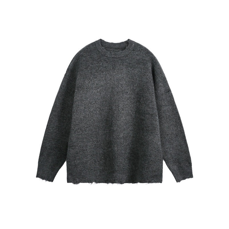Unisex Oversize Grobstrickpullover mit Rundhalsausschnitt und ausgefranstem Saum Echoarchiv
