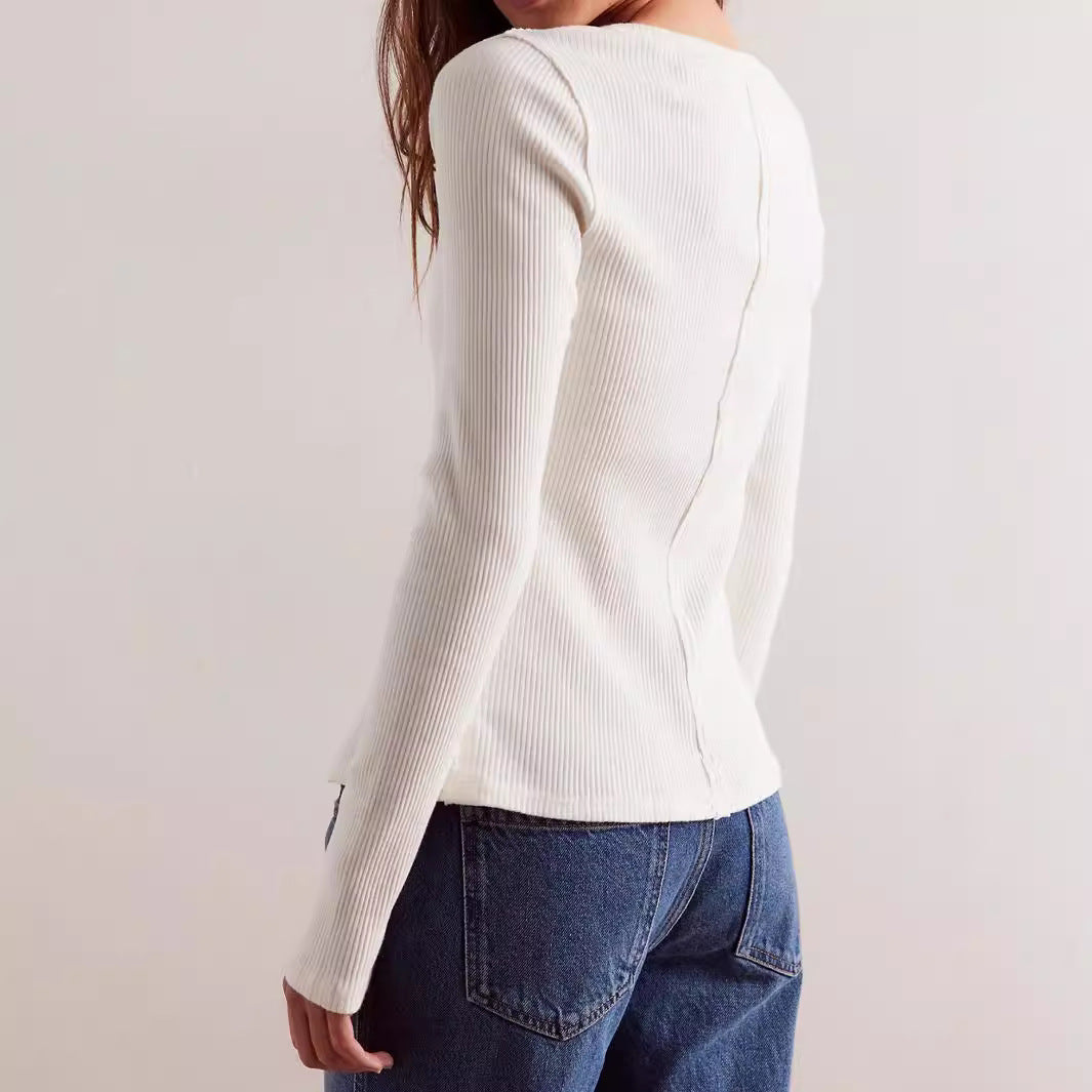 Damen gerippte taillenbetonte Knopf-Strickjacke mit Rundhals – Avérine