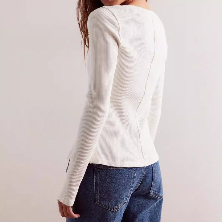 Damen gerippte taillenbetonte Knopf-Strickjacke mit Rundhals – Avérine