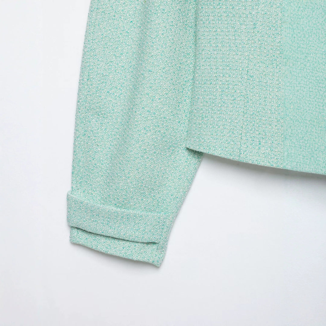 Damen Kurzjacke im Bouclé‑Mix mit verdecktem Reißverschluss und Hemdkragen Echoarchiv
