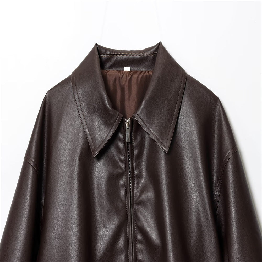 Damen Kurz geschnittener Oversize‑Blouson aus veganem Kunstleder mit Hemdkragen und elastischem Saum Echo Archiv