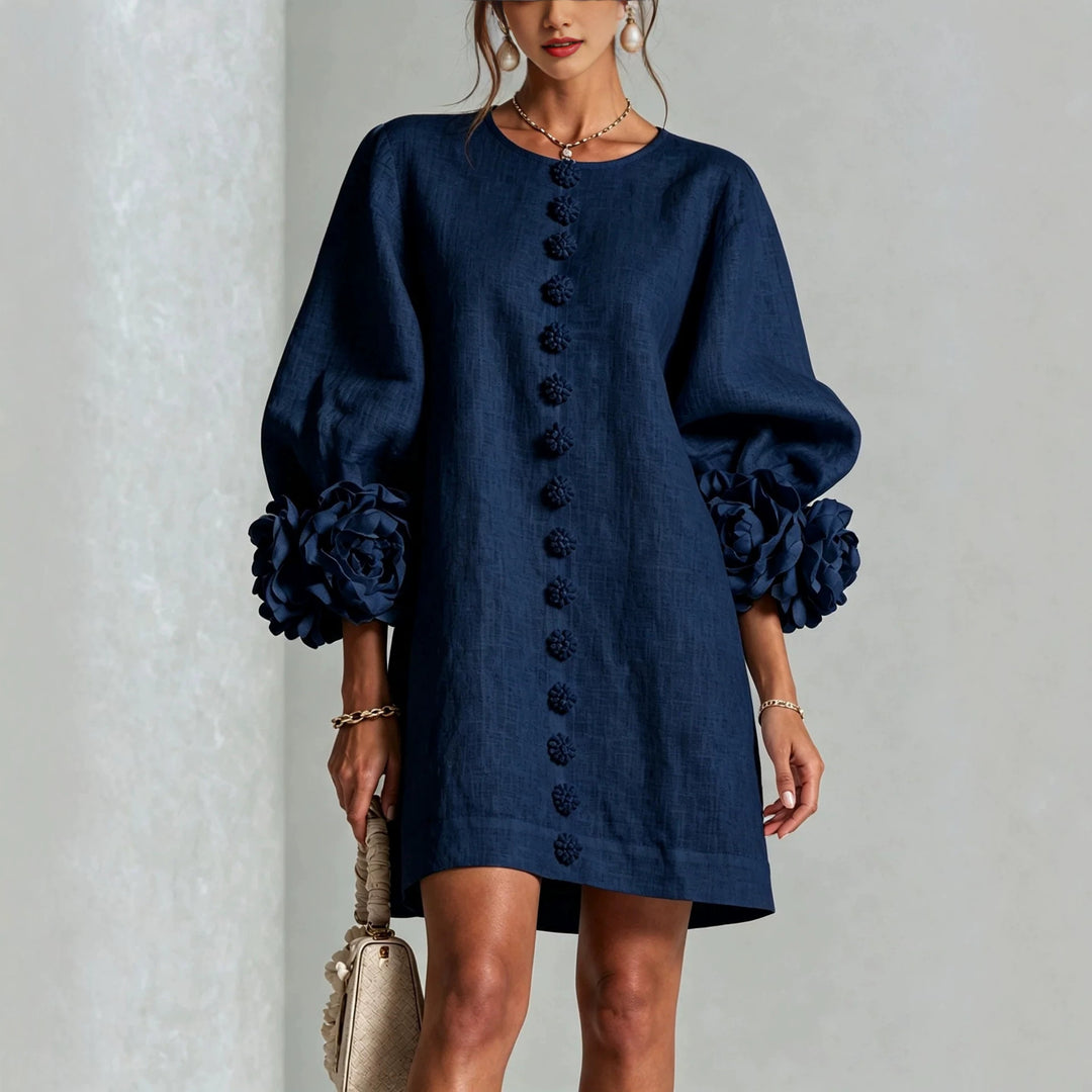 Damen Leinenkleid im A‑Linien‑Schnitt mit Ballonärmeln und 3D‑Blütenverzierung Echo Archiv