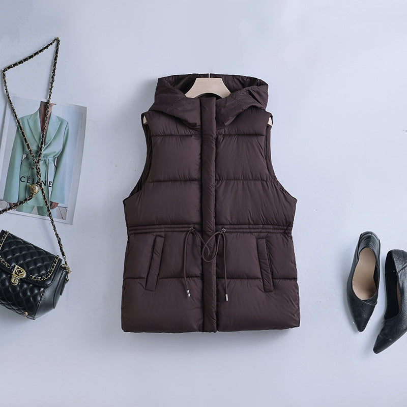 Damen gesteppte Kapuzenweste mit verstellbarem Taillenzug und winddichter Thermofütterung – Avérine