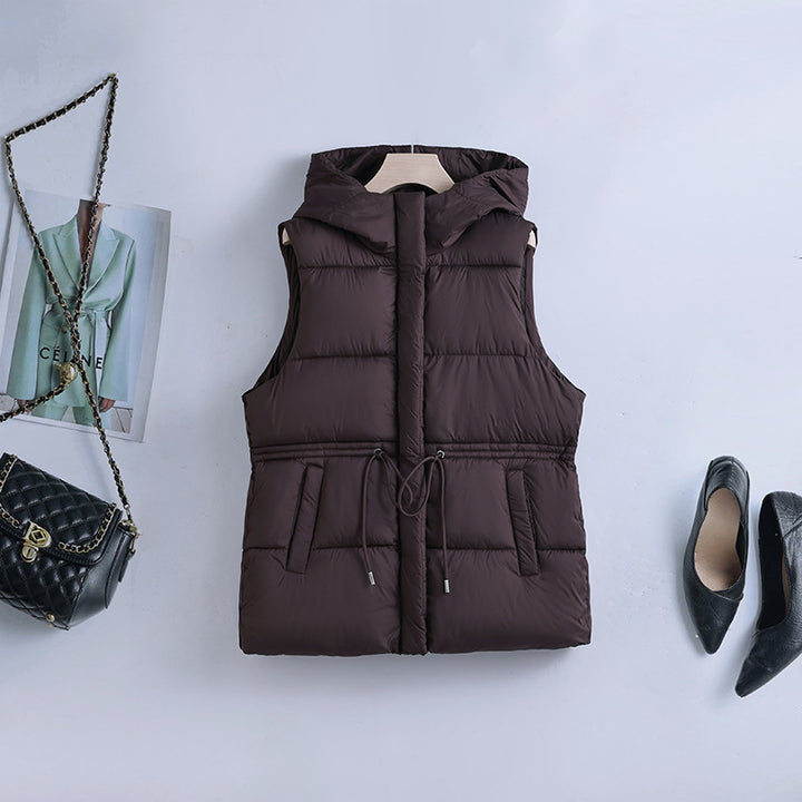 Damen gesteppte Kapuzenweste mit verstellbarem Taillenzug und winddichter Thermofütterung – Avérine