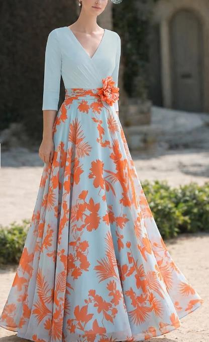 Damen Florales Maxikleid mit Wickeloberteil, dreiviertel-Ärmeln und ausgestelltem Rock – Orélia
