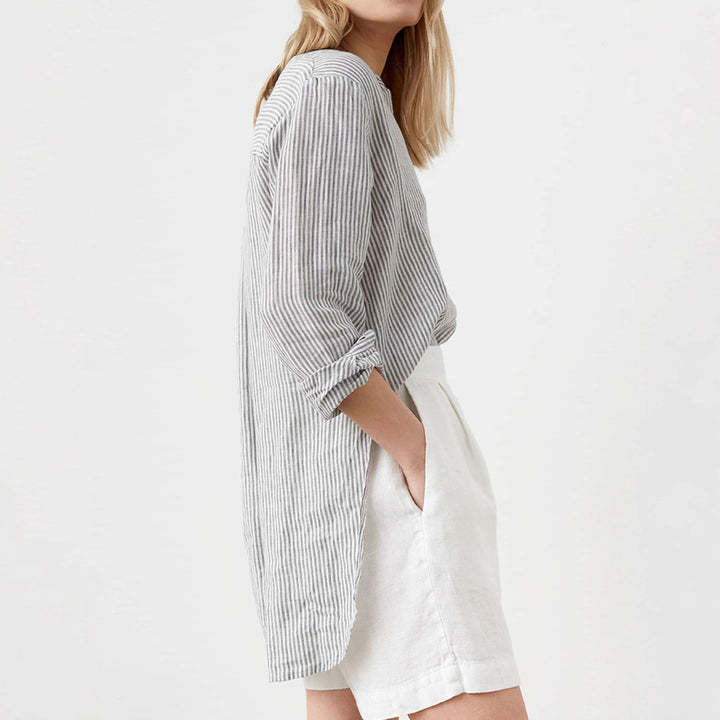 Damen Leichtes gestreiftes Tunika-Bluse mit Stehkragen und hohem Saum – Avérine