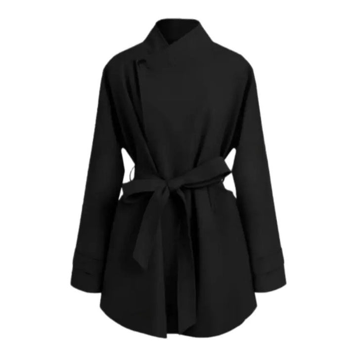 Damen Oversized Wickelbluse mit Stehkragen und Bindegürtel Echoarchiv