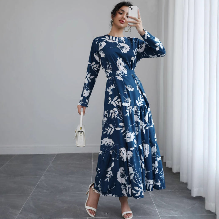 Damen Langes Blumen-Tiered-Maxikleid mit Taillengürtel & Rundhalsausschnitt Echoarchiv