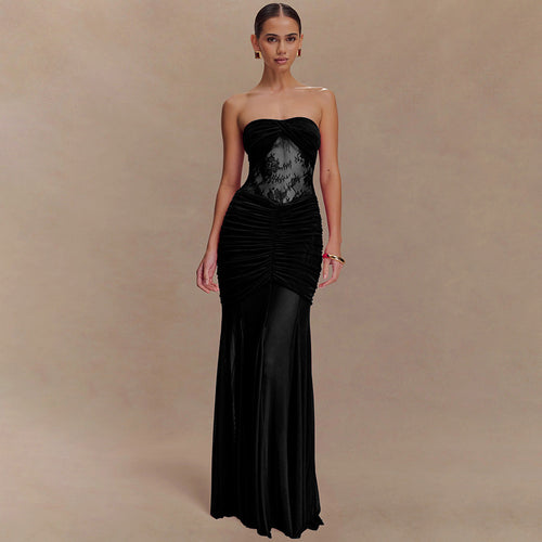Damen Strapless Maxikleid mit raffinierten Drapierungen und Spitzen-Mix Echo Archiv