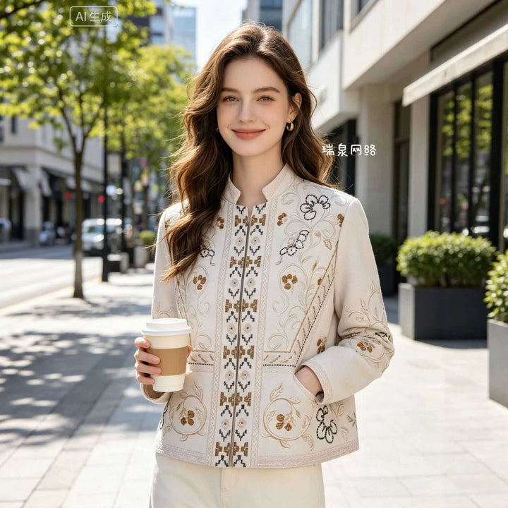 Damen Bestickte Boxy-Jacke mit Stehkragen und floraler Stickerei Echoarchiv