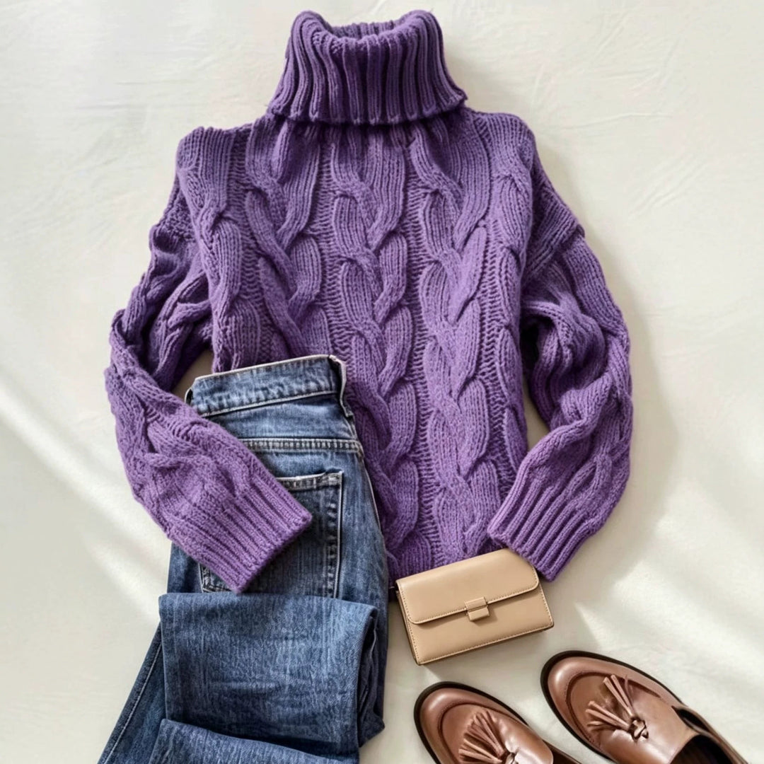 Damen Grobstrick-Rollkragenpullover mit markanten Zopfmustern und gerippten Bündchen – Mavelle