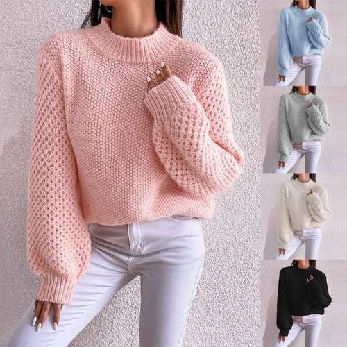 Damen Kurzgeschnitteter Grobstrick-Pullover mit Voluminösen Netzstruktur-Ärmeln und Stehkragen Echo Archiv