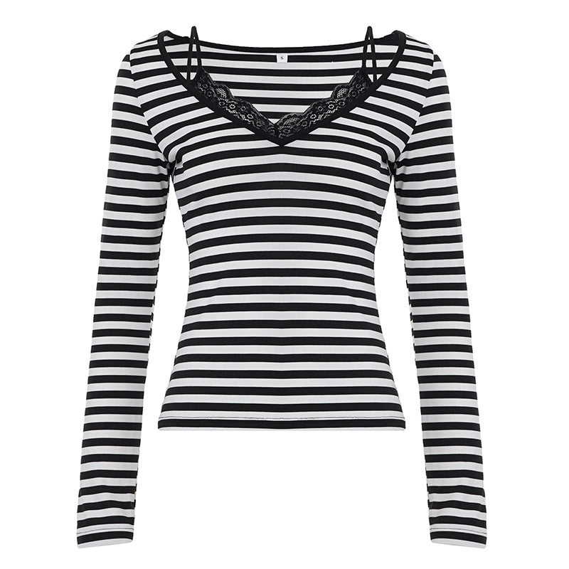 Damen nan gestreiftes Langarmshirt mit Spitzen‑V-Ausschnitt und Doppelspaghettiträger Echo Archiv