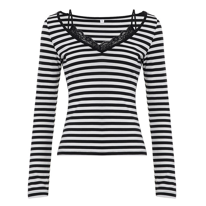 Damen nan gestreiftes Langarmshirt mit Spitzen‑V-Ausschnitt und Doppelspaghettiträger Echo Archiv
