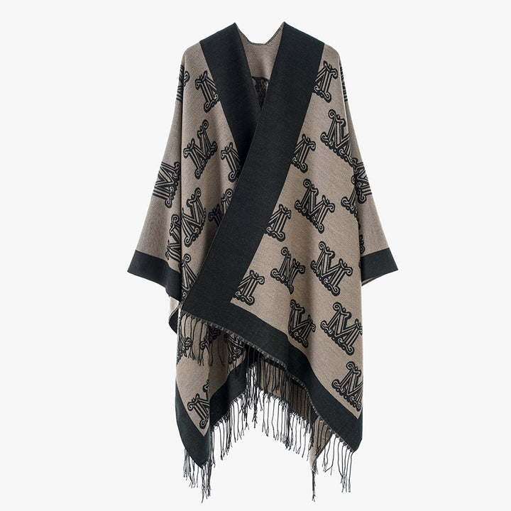 Damen Jacquard‑Monogramm‑Cape mit offenen Seiten und Fransen Echo Archiv