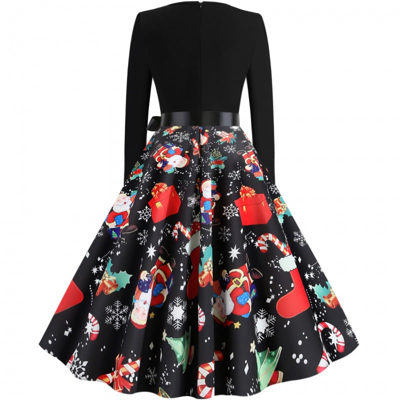 Damen Weihnachtliches Vintage-Swingkleid mit Santa- und Zuckerstangen-Print, tailliertem Oberteil und Satinschleife – Élara