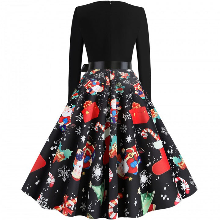 Damen Weihnachtliches Vintage-Swingkleid mit Santa- und Zuckerstangen-Print, tailliertem Oberteil und Satinschleife – Élara
