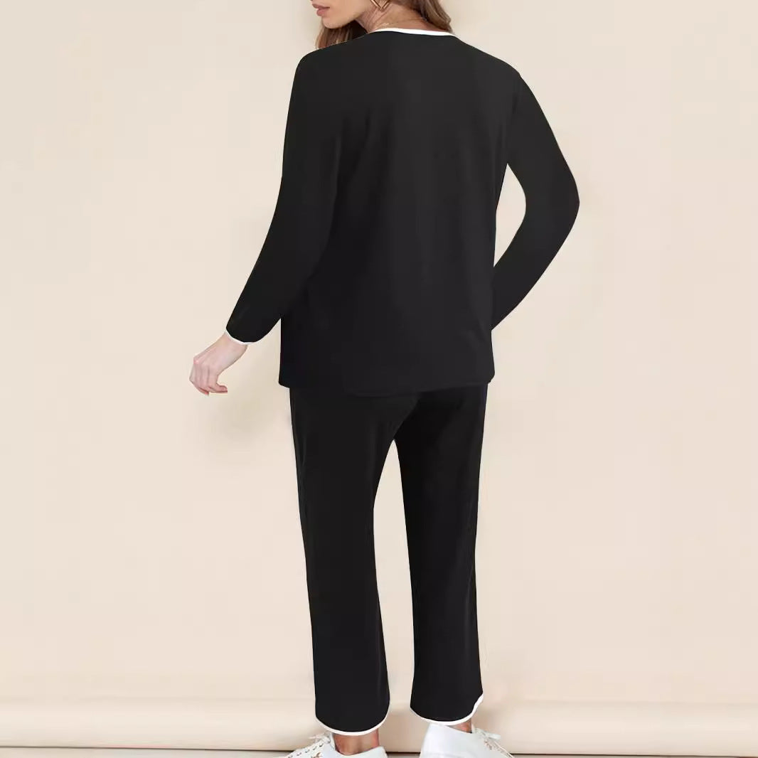 Damen Zweiteiliges Lounge-Set aus weichem Jersey mit V‑Ausschnitt, Langarm-Oberteil und weitem Palazzohosenbein – Élanora