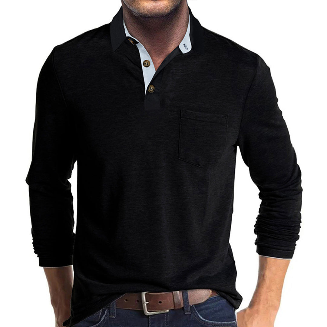 Herren langärmliges Polohemd mit Brusttasche, Kontrastknopfleiste und legerer Stretch-Passform – Cavello