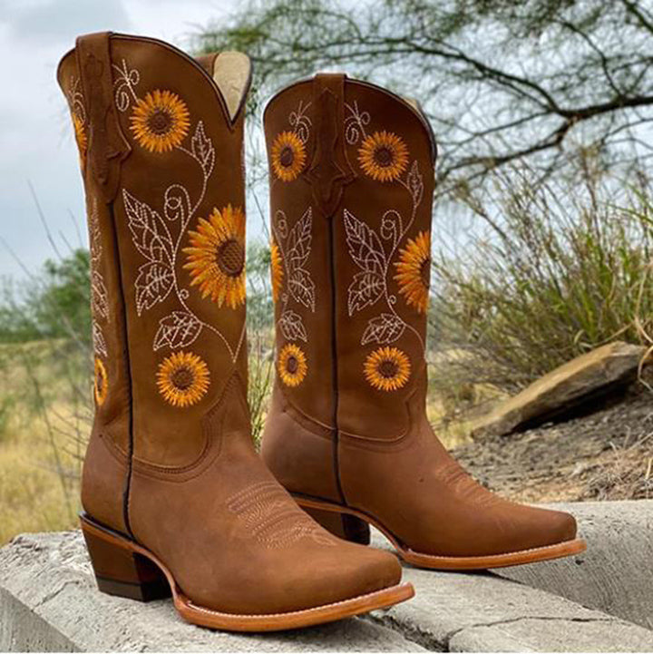 Damen Western-Stiefel mit Sonnenblumen-Stickerei und mittelhohem Blockabsatz – Lioré