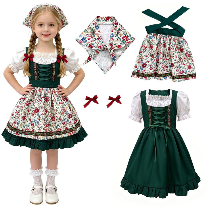 Damen nan traditionelles Kinderdirndl mit Schürze Haarband Spitzenbluse und Zierschnürung Echo Archiv