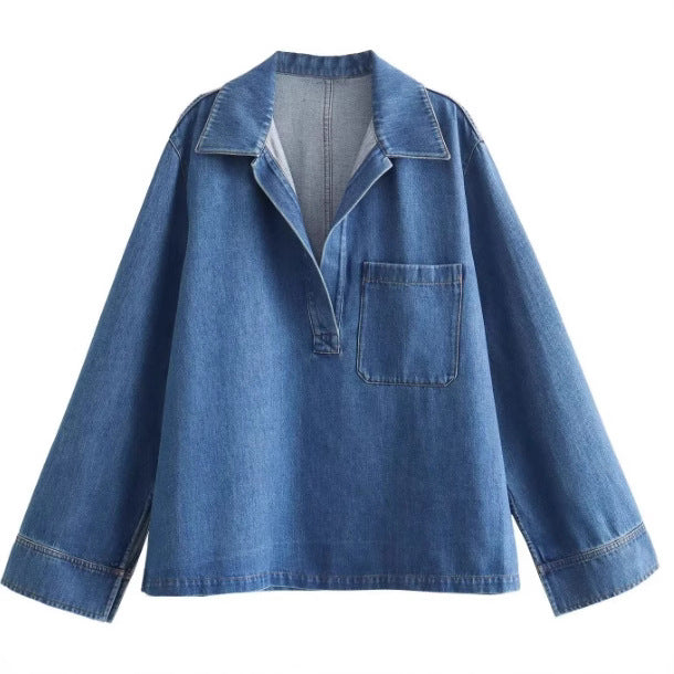 Damen 200+ Oversize Denim‑Hemdbluse mit V‑Ausschnitt und Brusttasche Echo Archiv