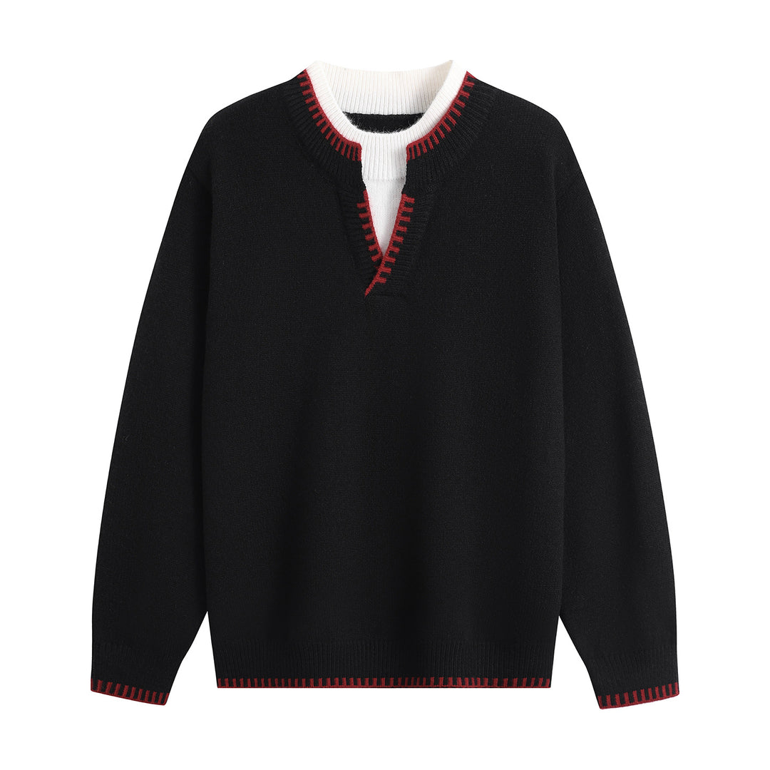 Unisex Oversize-Feinstrickpullover mit V-Notch & kontrastiertem Rippenkragen Echoarchiv