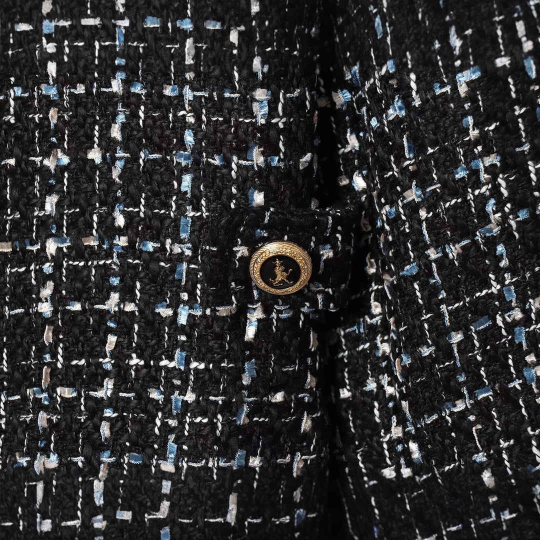Damen Bouclé‑Tweed‑Cropped‑Jacke mit Stehkragen und goldfarbenen Schmuckknöpfen Echoarchiv