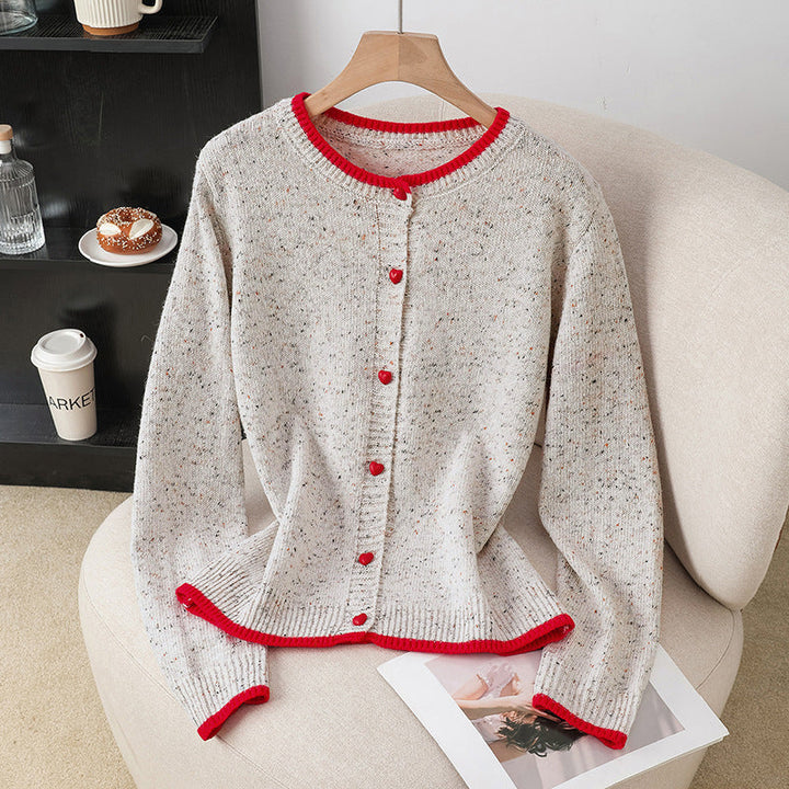 Damen Gesprenkelte Strickjacke mit Kontrastkanten und Herzknöpfen Echoarchiv