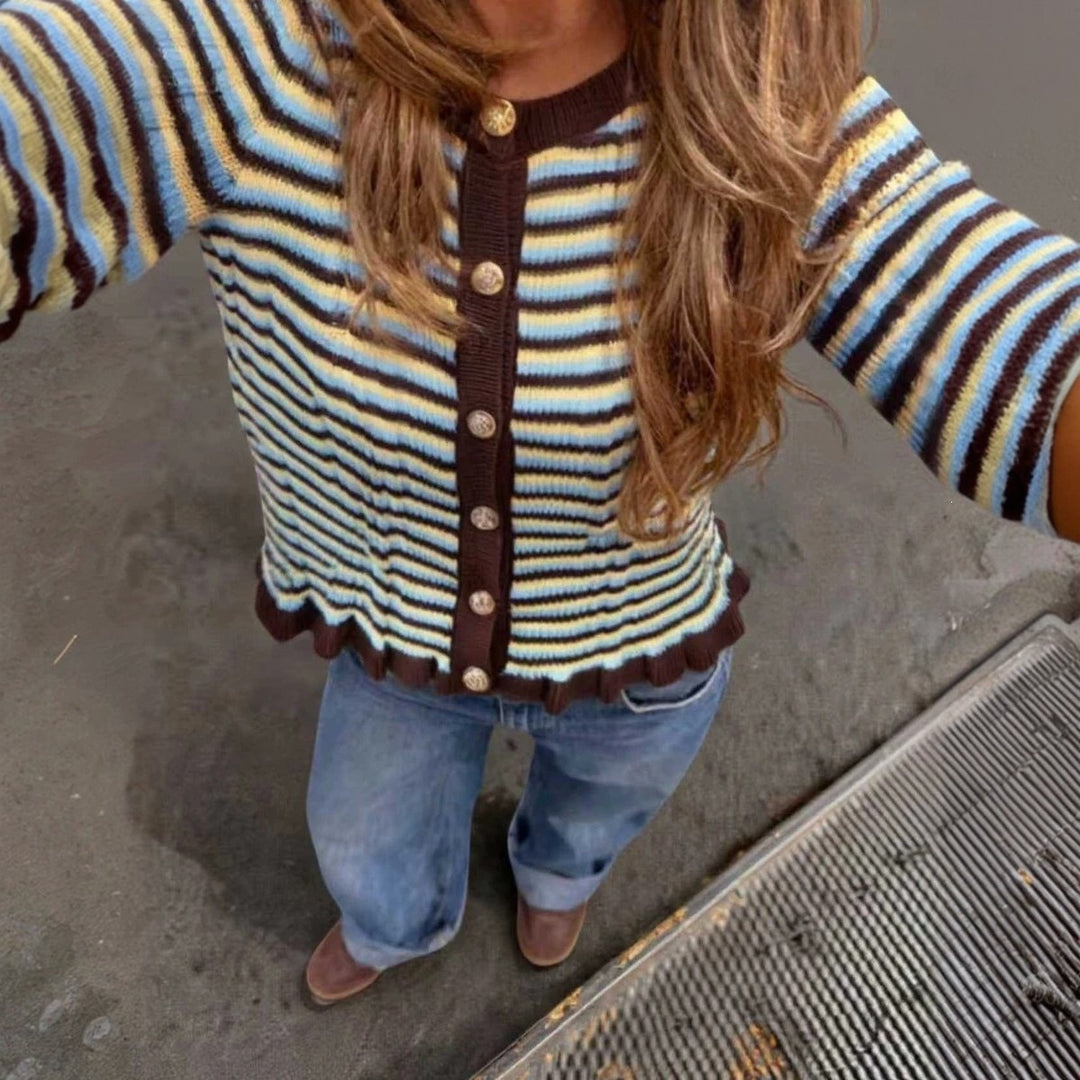 Damen Gerippte Kurzcardigan mit Rüschenbündchen & Statement‑Knöpfen Echoarchiv