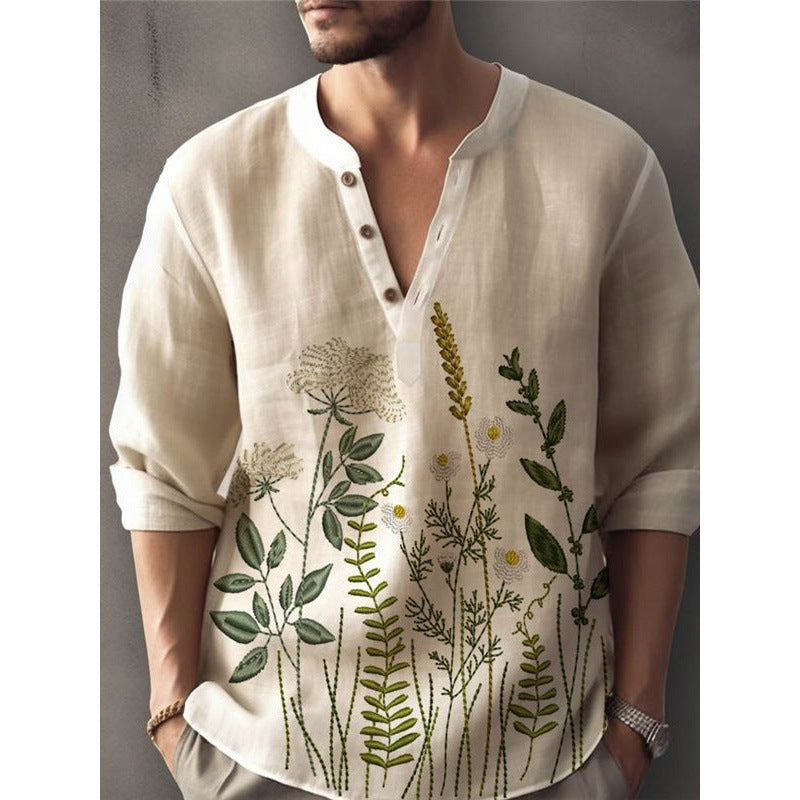 Herren Leinenhemd mit floralem Stickdesign Echoarchiv