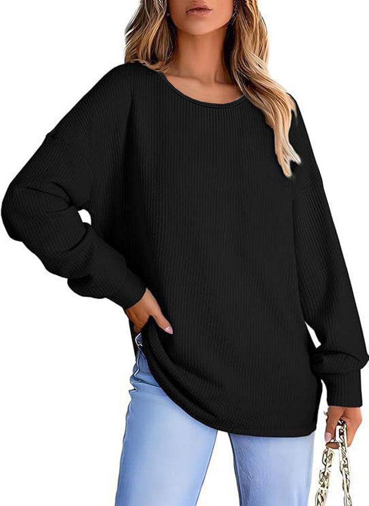 Damen Oversize Waffelstrickpullover mit Rundhals, Ballonärmeln und verlängertem Saum Echoarchiv