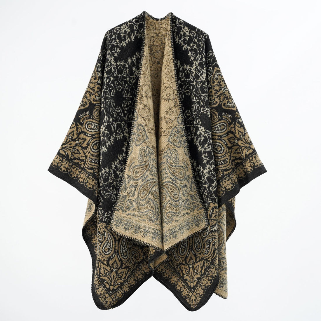 Damen Überwurfponcho im Double-Face‑Jacquard mit Paisley‑Inspiration und Zierstichkante – Célinea