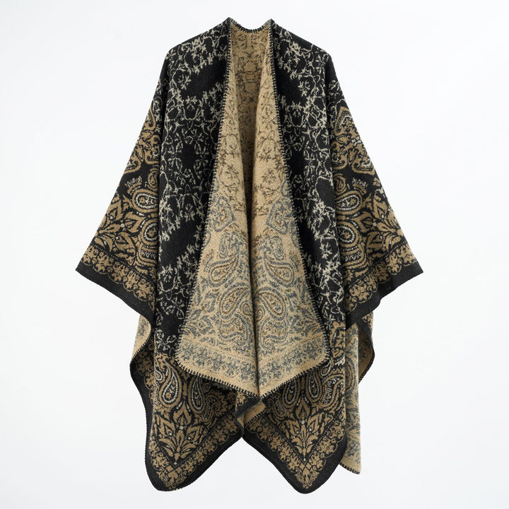 Damen Überwurfponcho im Double-Face‑Jacquard mit Paisley‑Inspiration und Zierstichkante – Célinea