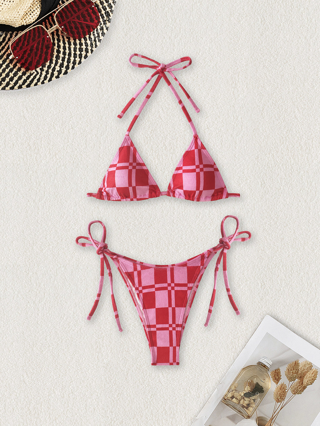 Damen Triangel-Bikini mit verstellbaren Bindebändern und frischem Streifenmuster Echo Archiv