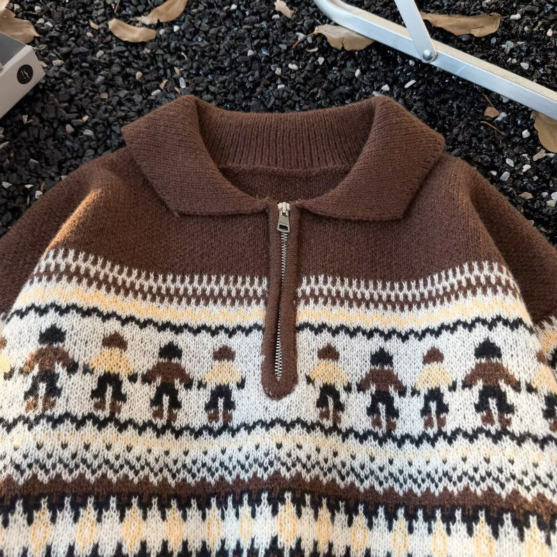 Damen Jacquard-Halbzip-Pullover mit Polokragen und Norweger‑Intarsie Echoarchiv