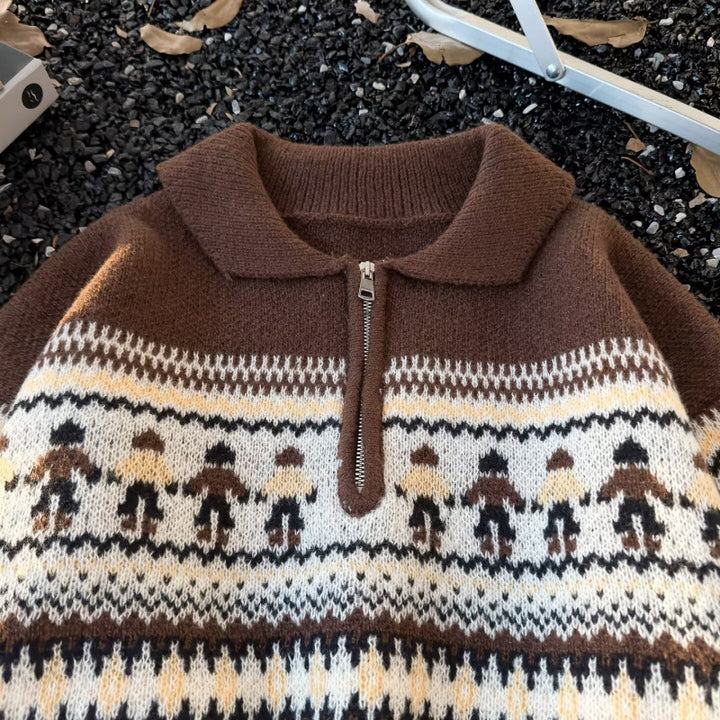 Damen Jacquard-Halbzip-Pullover mit Polokragen und Norweger‑Intarsie Echoarchiv