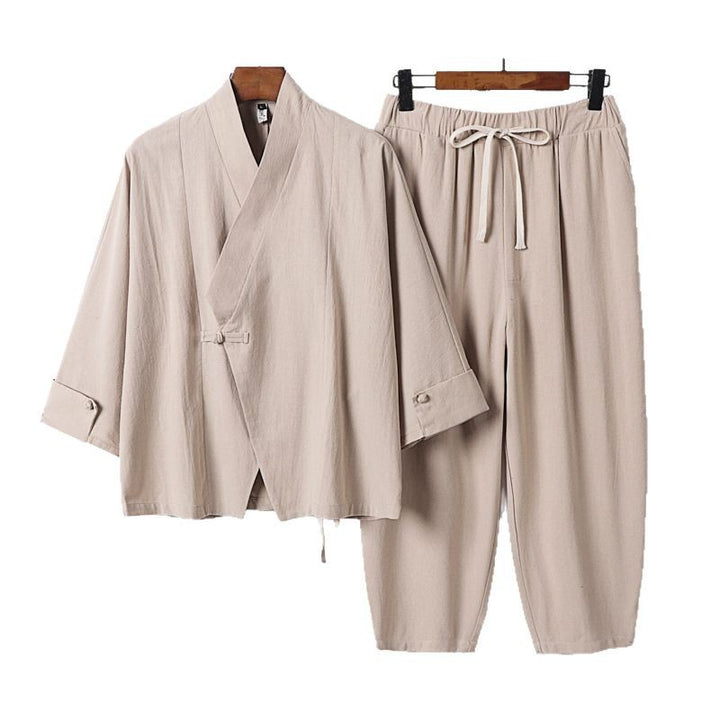 Herren Atmungsaktives Leinen-Baumwoll Lounge-Set mit asymmetrischem V-Kragen und elastischer Kordelhose Echoarchiv