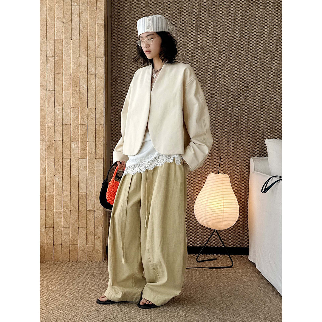 Damen Weite High‑Waist Leinen‑Optik Culotte‑Hose mit Tunnelzug und fließender Silhouette Echoarchiv