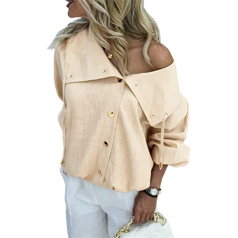 Damen Oversize Off-Shoulder Leinenbluse mit asymmetrischem Kragen und Zierknopfleiste Echo Archiv