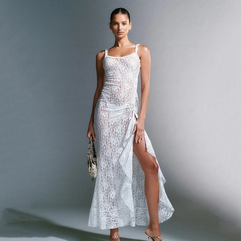 Damen Elegantes Spitzen-Maxi-Kleid mit seitlichem Schlitz und gerafftem Design Echo Archiv