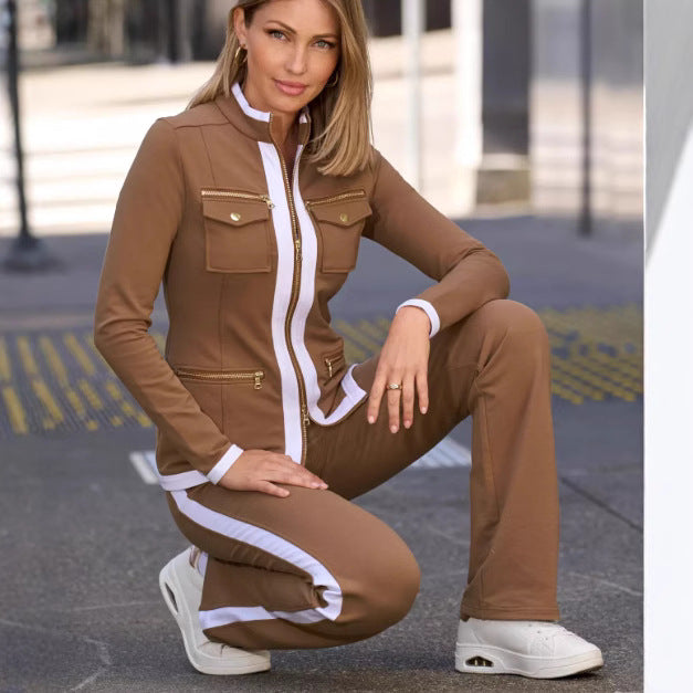Damen Casual-Trainingsanzug im Blazer-Stil mit Reißverschlussjacke und Seitenstreifen – Valéne