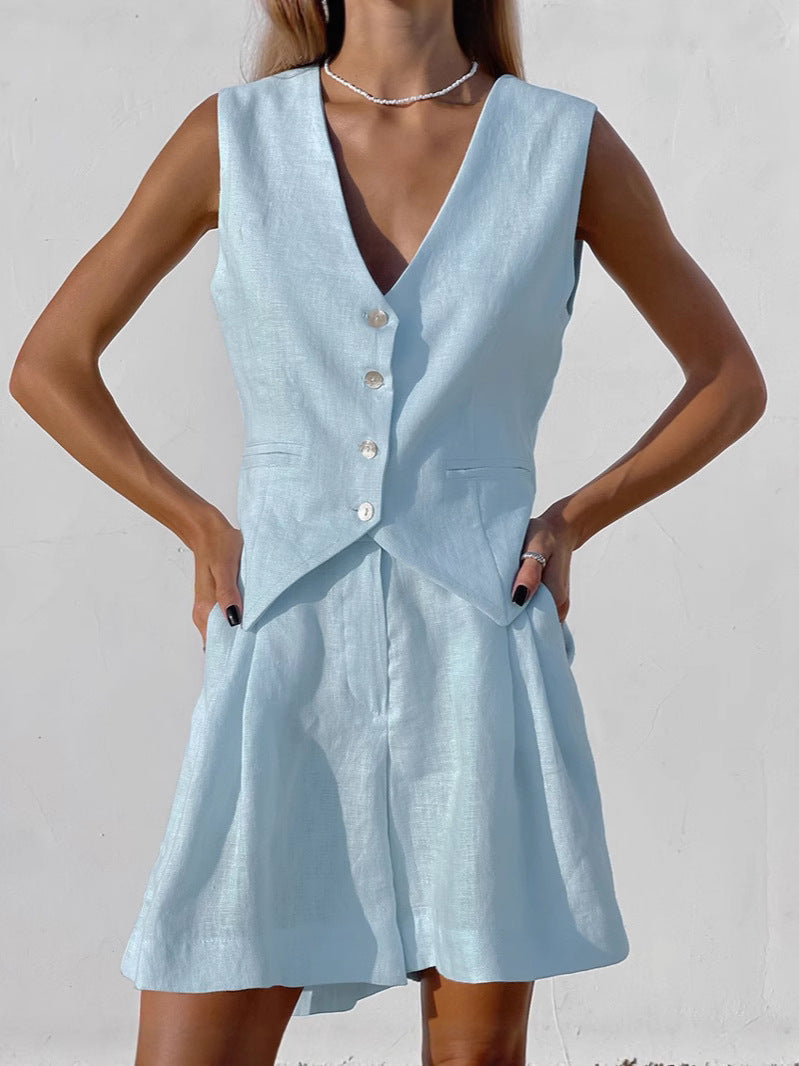 Damen luftiges Leinen-Set mit ärmellosem Blazer und Shorts Echoarchiv