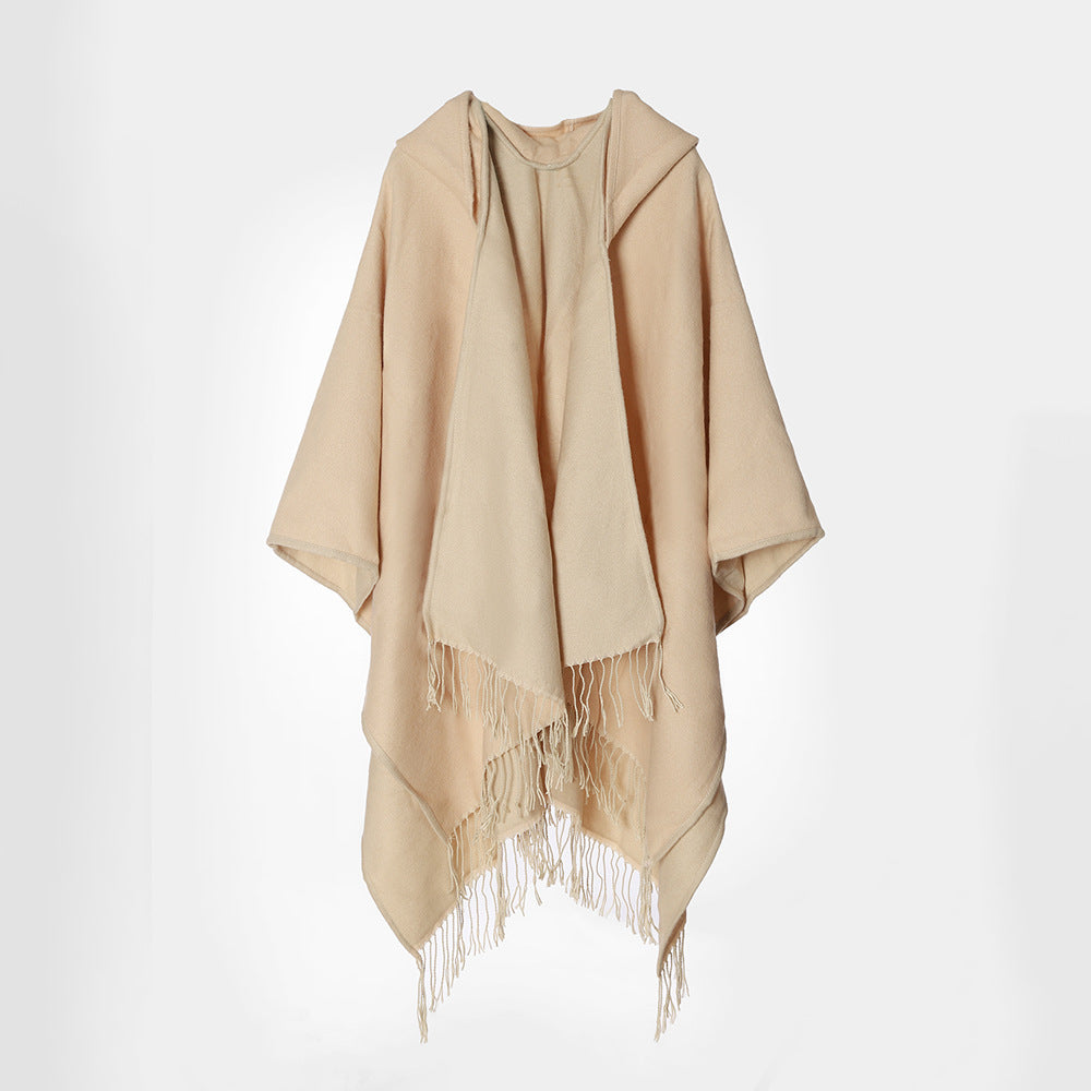 Damen Kapuzencape aus Wollmix mit Wendefunktion und Fransensaum – Montévia
