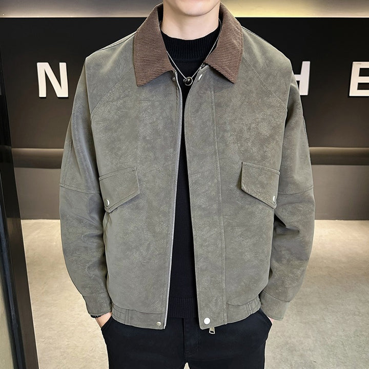 Herren Oversize Utility-Bomberjacke aus Kunstleder mit geripptem Saum und Hemdkragen Echoarchiv