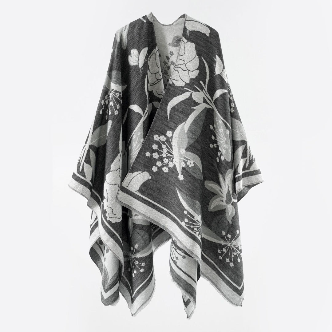 Damen Floraler Jacquard-Überwurf im kastigen Kimono-Fall mit feiner Fransenkante – Célinea