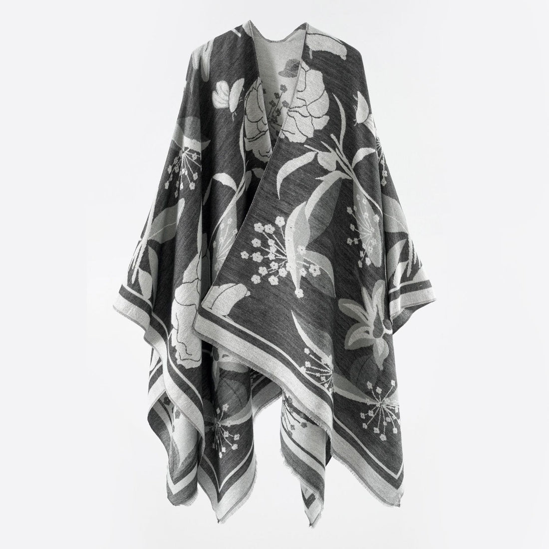 Damen Floraler Jacquard-Überwurf im kastigen Kimono-Fall mit feiner Fransenkante – Célinea