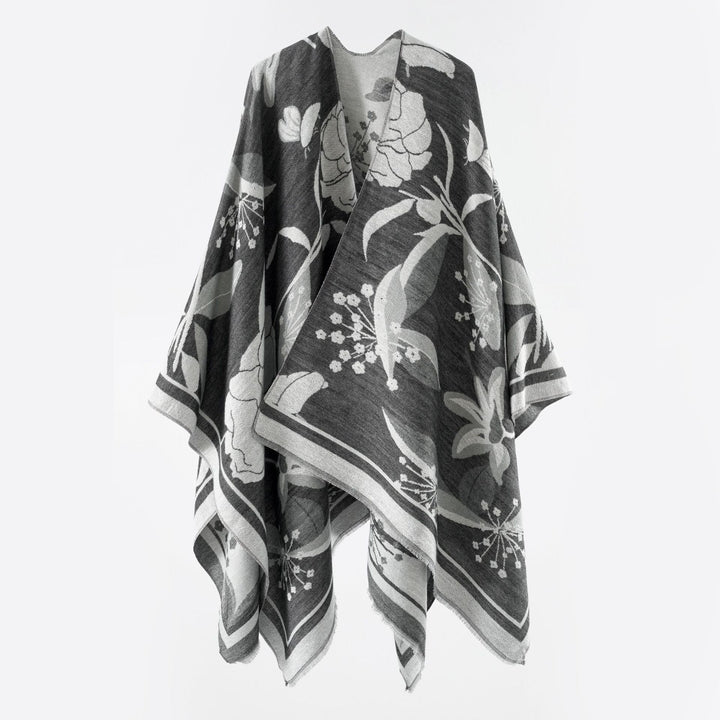 Damen Floraler Jacquard-Überwurf im kastigen Kimono-Fall mit feiner Fransenkante – Célinea