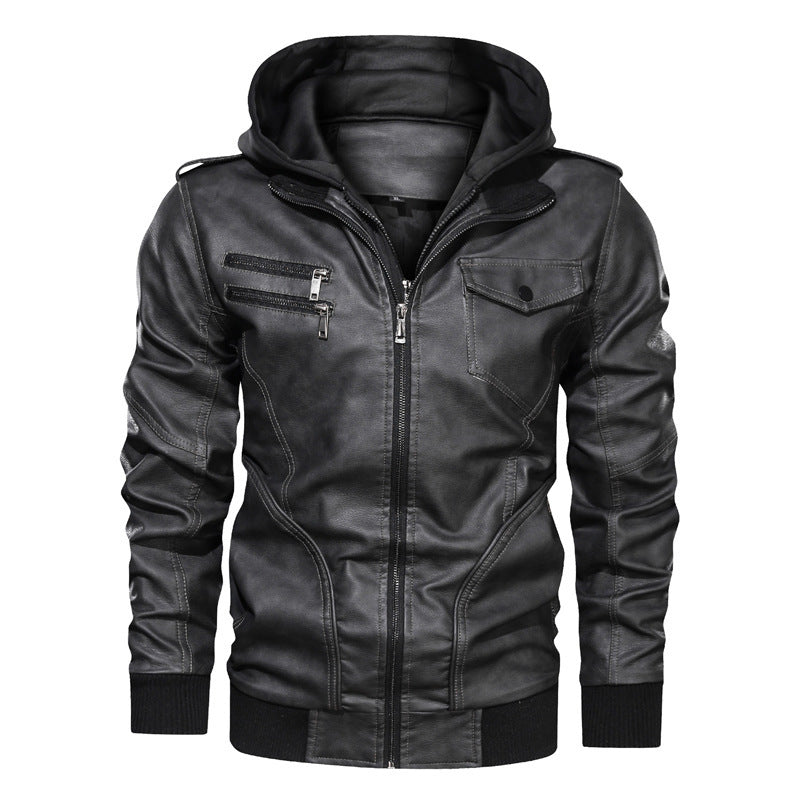 Herren Lederoptik Kapuzenjacke im Bikerstil mit Reißverschlusstaschen und Rippbündchen – Taviero