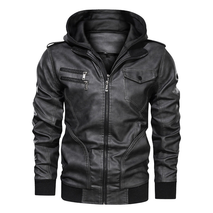 Herren Kapuzen-Lederimitatjacke im Bikerstil mit Reißverschluss, Brusttaschen und Rippbündchen Echoarchiv